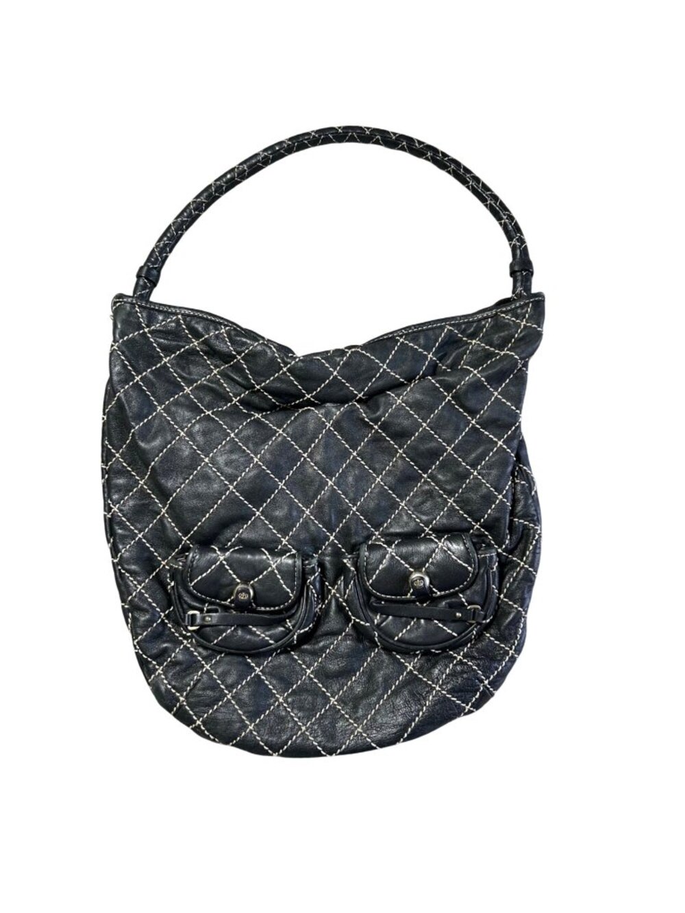 Y2K Juicy Couture Women's Black Quilted Leather Hobo Bag With Front Pockets